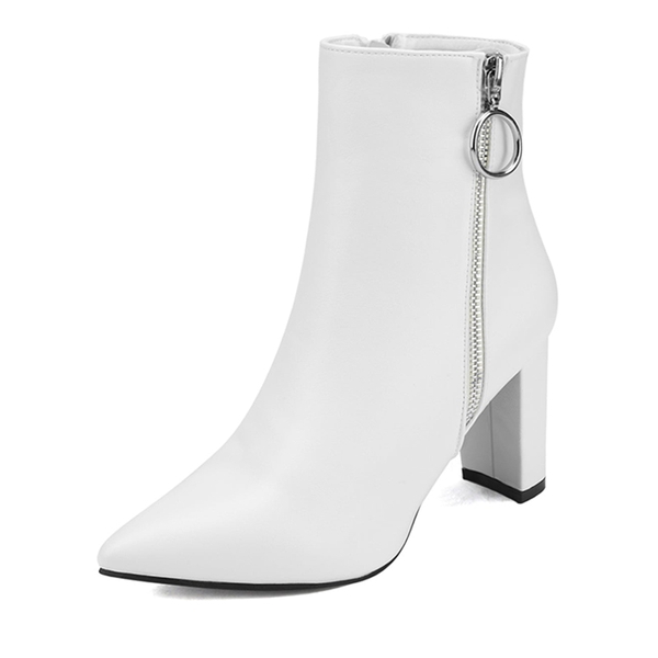 Chunky High Heel Ankle Boots - WHITE PU -  0